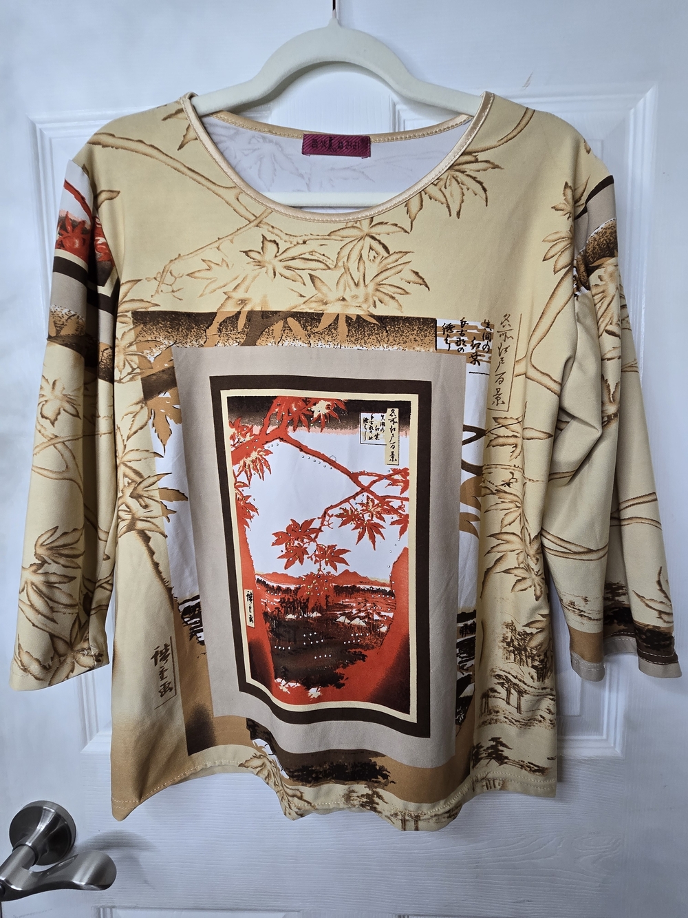 Vintage Ukiyo-E Art Graphic Top Hiroshige Japanese Print 3/4 Sleeve Tan Ochre